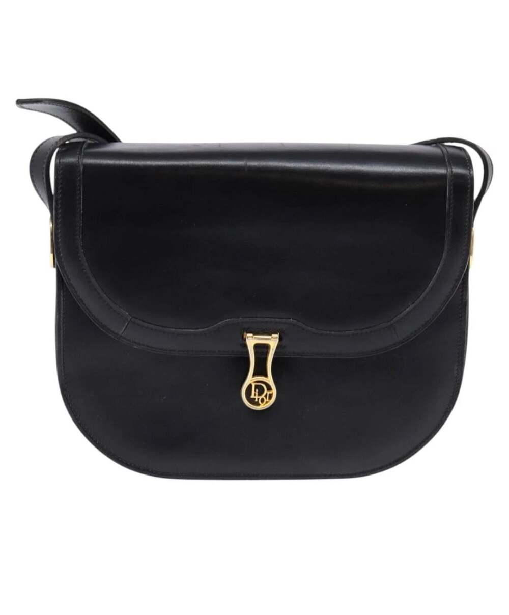 Vintage Christian Dior Black Leather Logo Flap Shoulder Bag